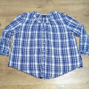 Lucky Brand Blue and White Plaid Cotton Gauze Button Down Peasant Blouse Top 2X